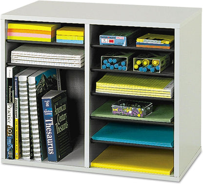 Safco 9422GR Wood Adjustable Literature & Paper Organizer, 16 Adjustable Compratment, Stackable Durable Construction, Home, Office, Mailroom, Classroom Mailbox , Gray