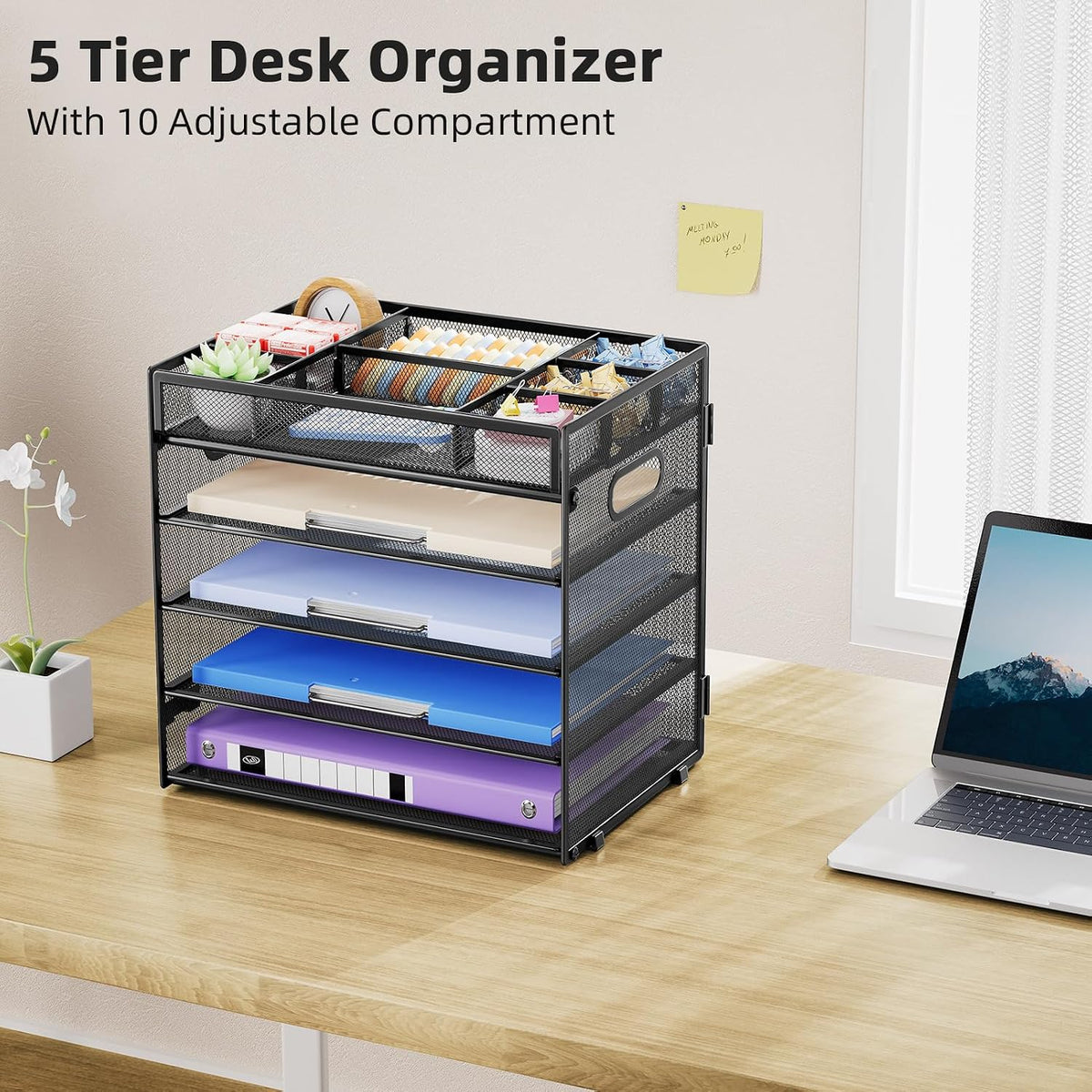 Marbrasse 5 Tier Paper Organizer Letter Tray, Mesh Desk File Organizer with Handle, Paper Sorter Desk Organizer for Home Office Supplies - Black, Adjustable