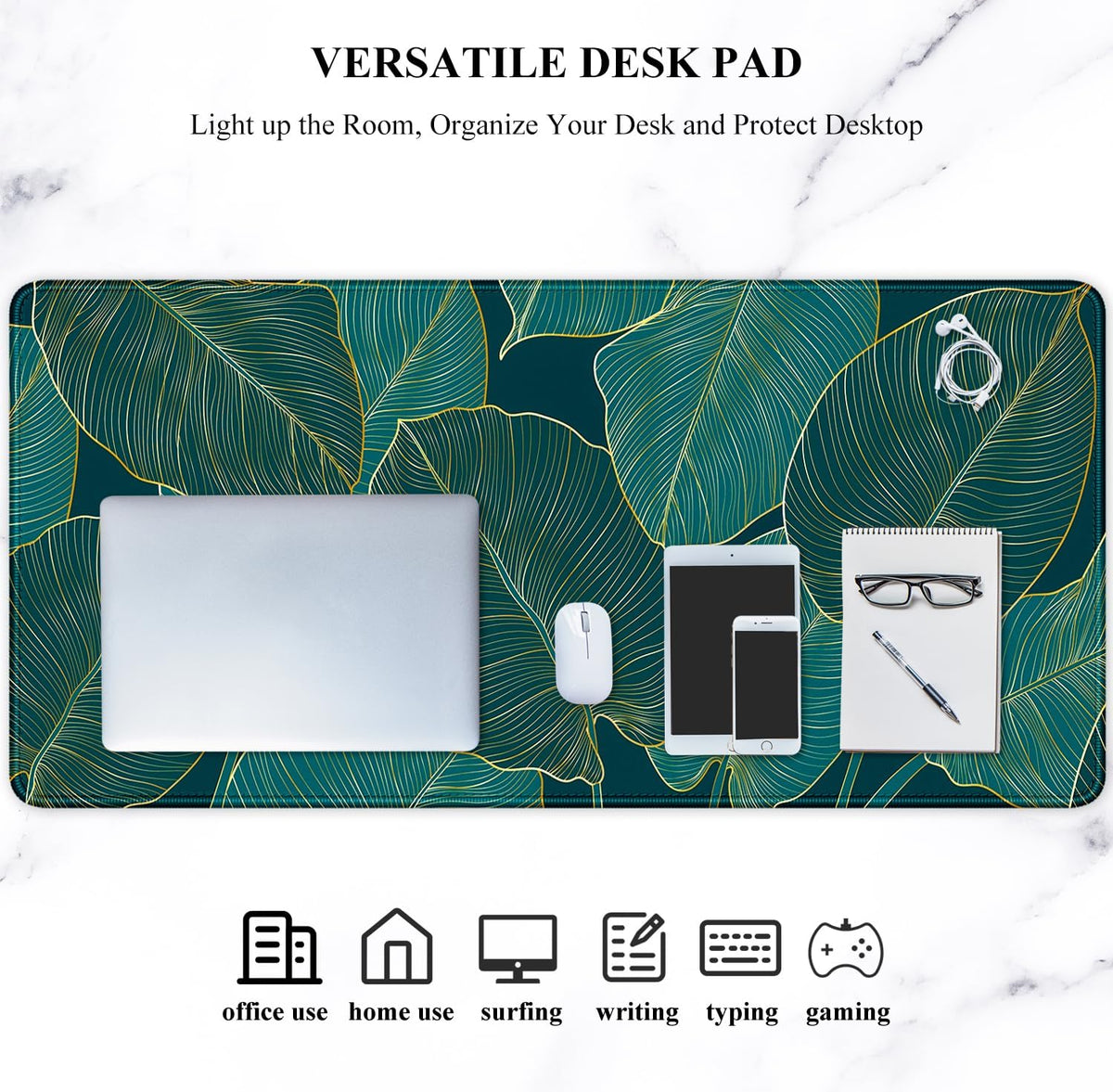 Auhoahsil Desk Mat, Ultra Large Mouse Pad, XXL Gaming Mousepad, Green Tropical Leaves Deskpad, Big Extended Full Size Mouse Pad, Desktop Desk Matt for Keyboard, Laptop & Computer, 35.5 x 15.7 in - Colors A