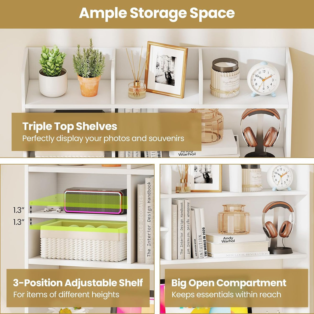 Desktop Bookshelf, Countertop Storage Hutch with 5 Shelves for Computer Desk, Desk 3-Tier Display Rack, Multipurpose Wood Desktop Hutch Storage Organizer for Dorm Office Home