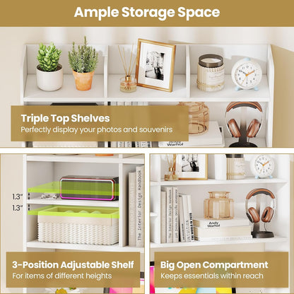 Desktop Bookshelf, Countertop Storage Hutch with 5 Shelves for Computer Desk, Desk 3-Tier Display Rack, Multipurpose Wood Desktop Hutch Storage Organizer for Dorm Office Home