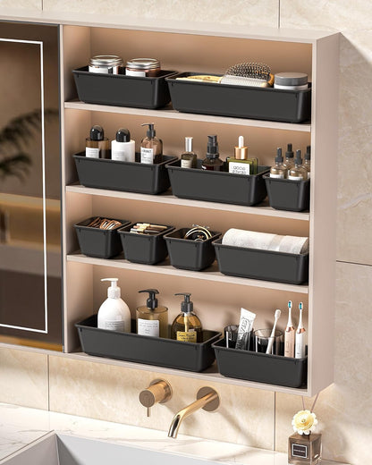 KEMETHY 25 PCS Plastic Drawer Organizers Set, 4 Sizes Vanity Organizer, Makeup and Desk Drawer Organizer Trays, Organization and Storage for Makeup, Bathroom, Kitchen Utensils and Office (Black)