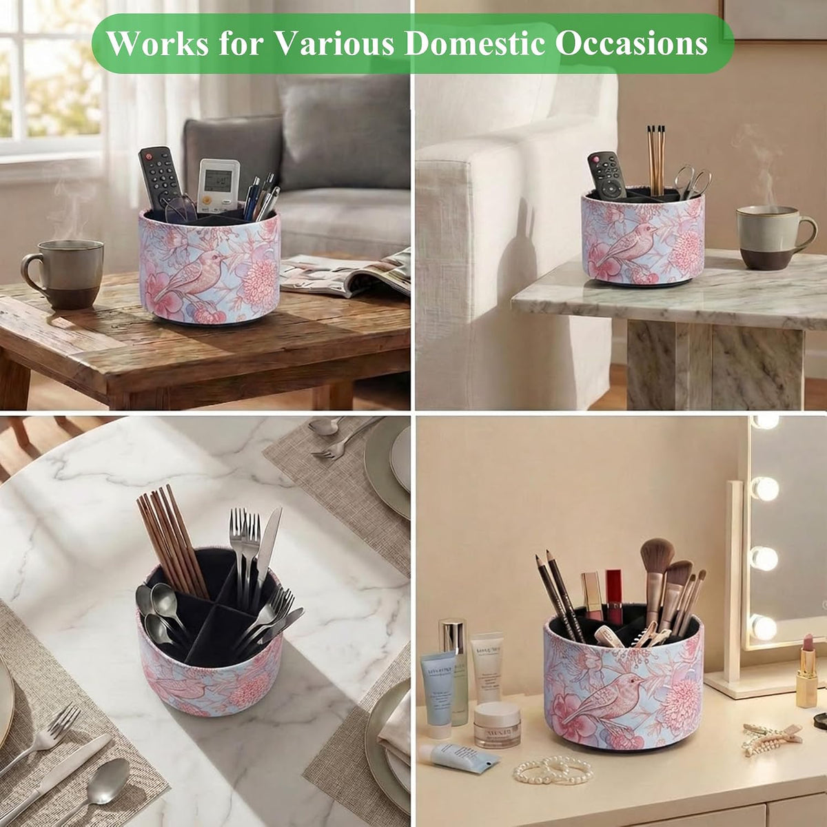 Round Leather Art Supply Organizer,Remote Control Holder,360 Degree Rotating,Multi-Functional Pencil Holder,4 Compartments Desktop Stationary Organizer(1-Blue Bird) - Colors C
