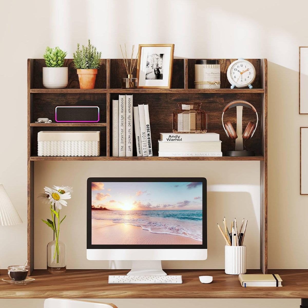 Desktop Bookshelf, Countertop Storage Hutch with 5 Shelves for Computer Desk, Desk 3-Tier Display Rack, Multipurpose Wood Desktop Hutch Storage Organizer for Dorm Office Home