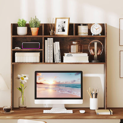 Desktop Bookshelf, Countertop Storage Hutch with 5 Shelves for Computer Desk, Desk 3-Tier Display Rack, Multipurpose Wood Desktop Hutch Storage Organizer for Dorm Office Home