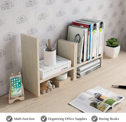 Jerry & Maggie Desktop Organizer Office Storage Rack Adjustable Wood Display Shelf Free Style Double H, Multi-Functional Mini Bookshelf for Desk Natural Stand (White)