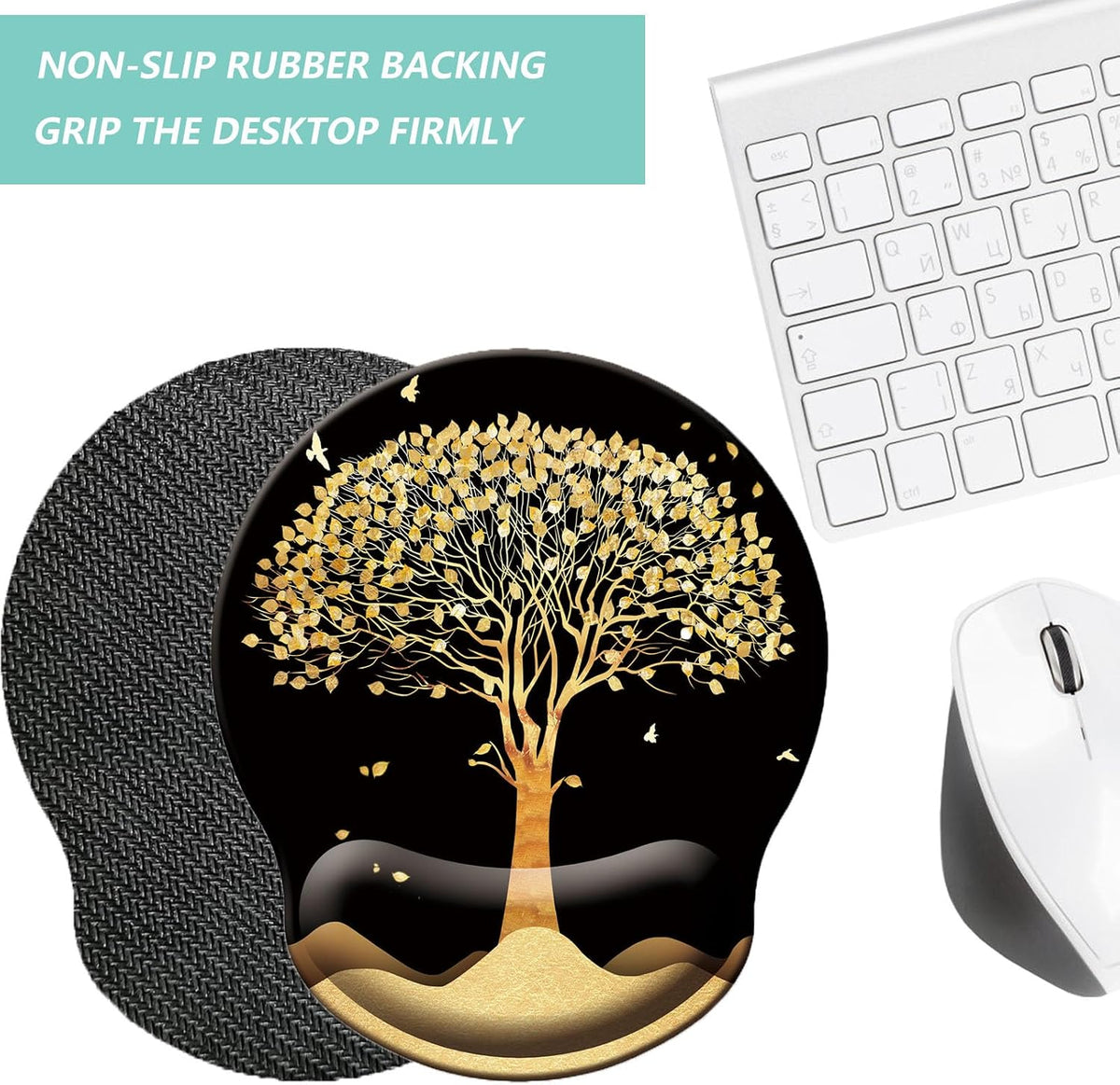 Mouse Pad with Wrist Support, Ergonomic Mouse Pad with Memory Foam Wrist Rest Cushion, Non-Slip Rubber Base Gaming Mice Pad for Home Office Computer Laptop, Flower Black