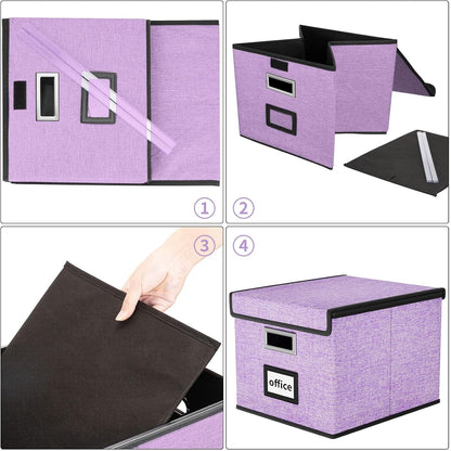 Upgraded Portable File Organizer Box with Lid, Collapsible Linen Hanging Filing Storage Boxes with Plastic Slides, Decorative Home/Office Filing System Box for File and Folders Storage (Gray)