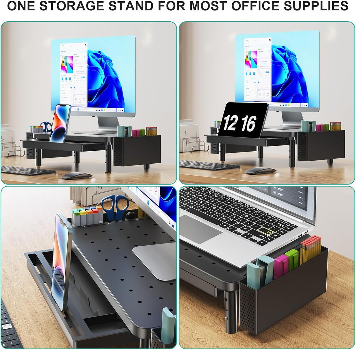 WALI Monitor Stand Riser with Drawer, Desk Organizers and Accessories for Computer, Printer, Laptop Stand for Home Office Supplies, (PTT005-B), 1 Pack, Black
