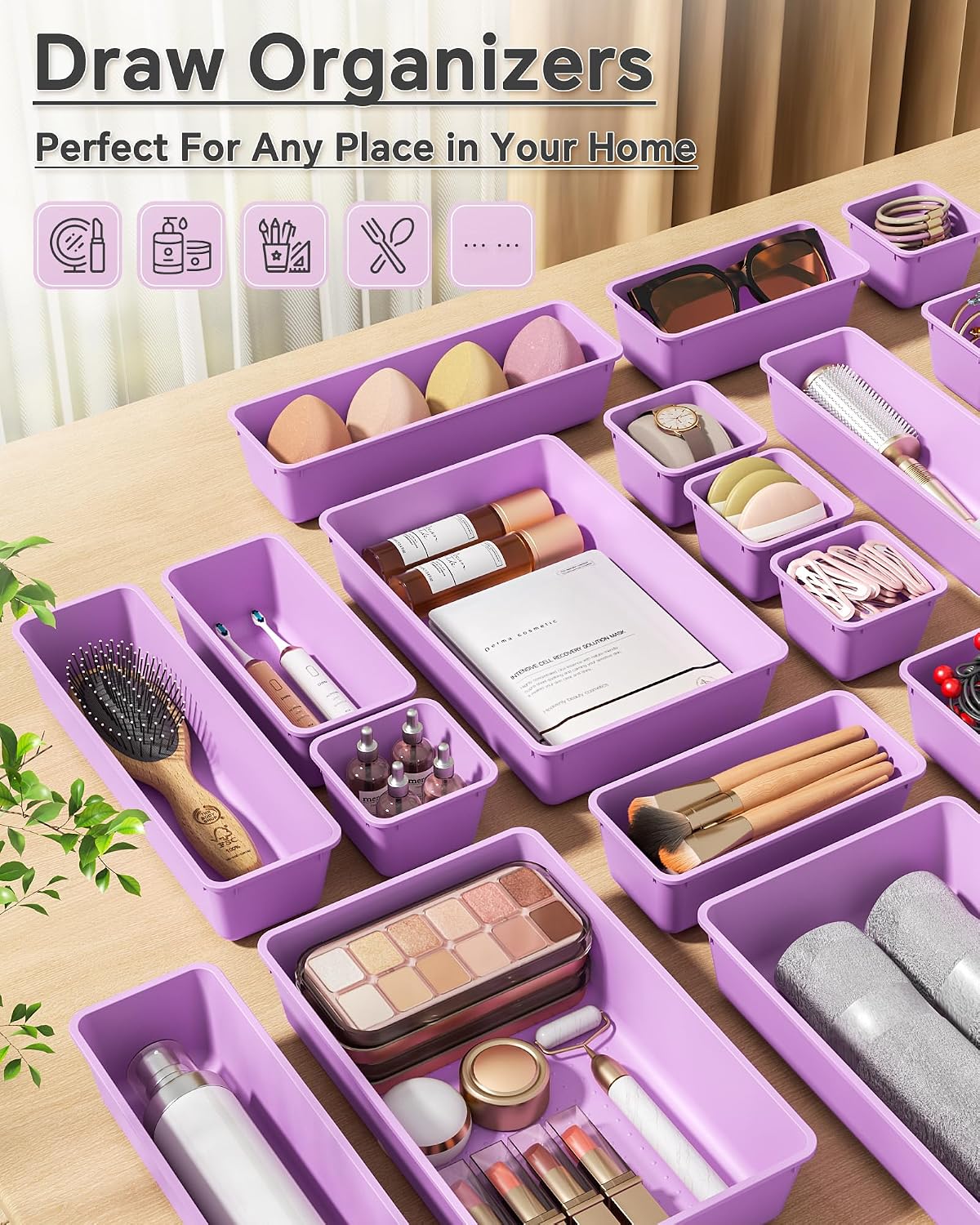 KEMETHY 25 PCS Plastic Drawer Organizers Set, 4 Sizes Vanity Organizer, Makeup and Desk Drawer Organizer Trays, Organization and Storage for Makeup, Bathroom, Kitchen Utensils and Office (Black)