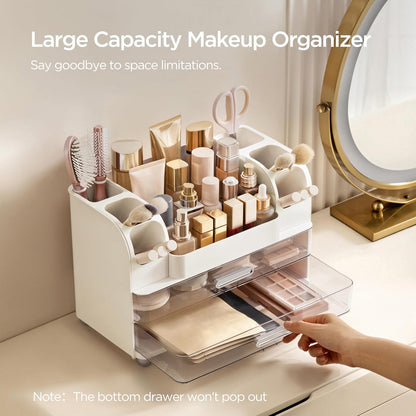 HBlife Makeup Organizer for Vanity with Brush Holder, Large Bathroom Countertop Cosmetic Organizer Skin Care Storage, Easy to Store Lipsticks, Nail Polishes, Perfumes, Eyeshadow Palettes, All White