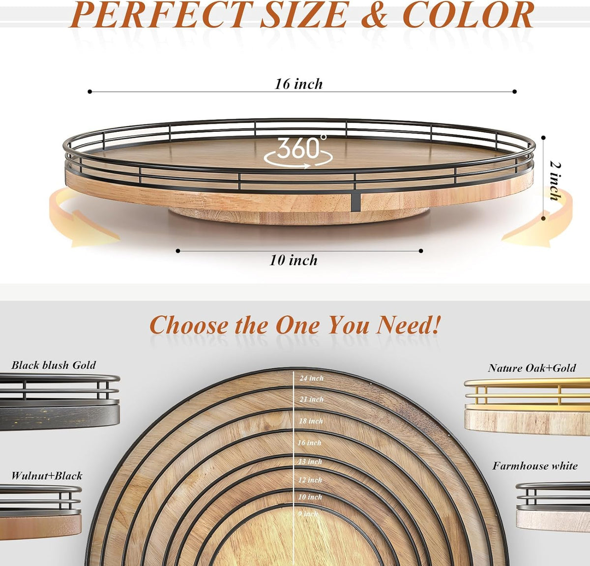 Farmhouse Oak 9" Lazy Susan Turntable Organizer for Cabinet, Round Wooden Lazy Susan Organization and Storage for Dining Table, Pantry, Kitchen, Countertop, Cupboard,Home Decor, Walnut Wood
