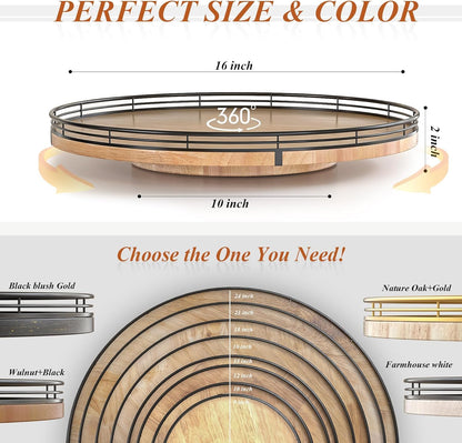 Farmhouse Oak 9" Lazy Susan Turntable Organizer for Cabinet, Round Wooden Lazy Susan Organization and Storage for Dining Table, Pantry, Kitchen, Countertop, Cupboard,Home Decor, Walnut Wood