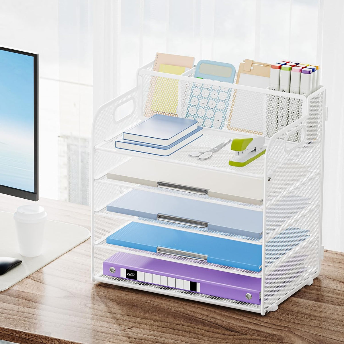 Marbrasse 5 Tier Paper Organizer Letter Tray, Mesh Desk File Organizer with Handle, Paper Sorter Desk Organizer for Home Office Supplies - Black, Adjustable