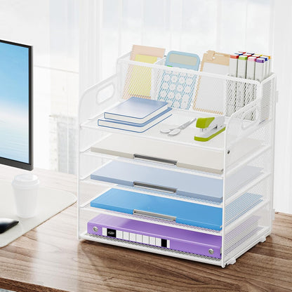 Marbrasse 5 Tier Paper Organizer Letter Tray, Mesh Desk File Organizer with Handle, Paper Sorter Desk Organizer for Home Office Supplies - Black, Adjustable