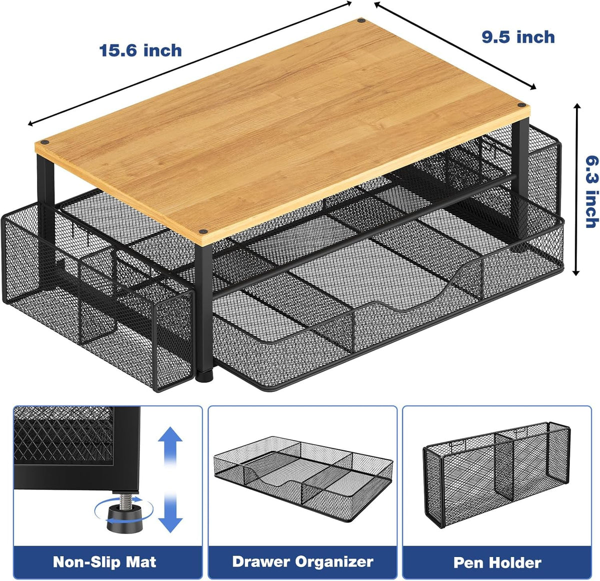 Desk Organizers and Accessories, Computer Monitor Stand Riser with Drawer and 2 Pen Holders, Printer & Laptop Stand, Office Desk Accessories & Workspace Organizers for Home Office Supplies, Black