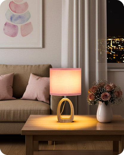 Small Table Lamp, 14.2" Cute Little Desk Lamp, Wood Bedside Lamp with Linen Lampshade, Modern Nightstand Lamp for Bedroom, E26 Base, Bulb Not Included, Beige and Dark Natural LE07TL05