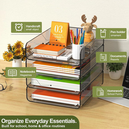 FANXIYQ 4-Tier Acrylic Paper Tray Organizer, Clear Stackable Desk File Organizer for Documents, Files, Letters, A4 Paper, Books, Notes, Mail & Paper Storage, Office Classroom Home