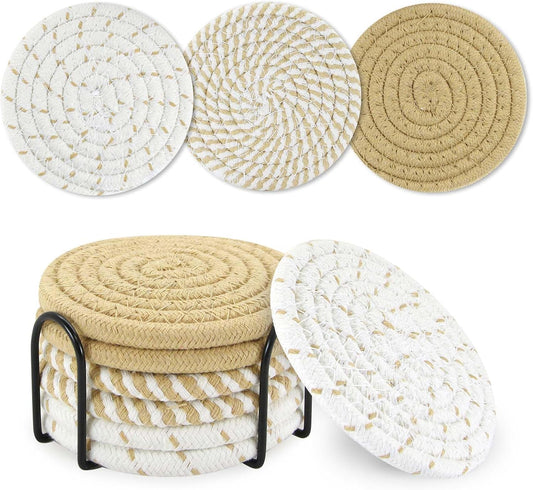 Drink Coasters Set of 6,Cotton Woven Absorbent Cup Coasters with Holder,3 Colors Boho Coasters for Tabletop Protection Home Office Decor,Suitable for Kinds of Cups