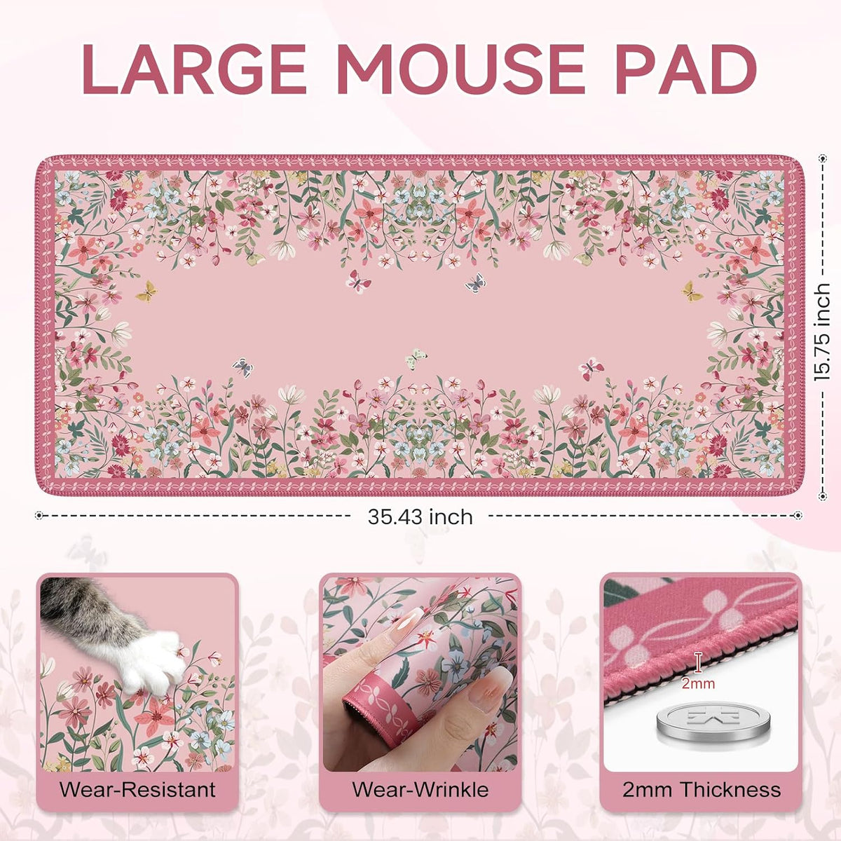 Desk Mat,Mouse Pad for Office Desk,35.4x15.7in,Pink Flowers