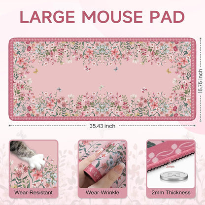 Desk Mat,Mouse Pad for Office Desk,35.4x15.7in,Pink Flowers