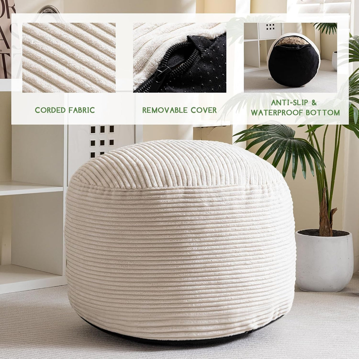 Round Stuffed Pouf Ottoman, Corduroy Poufs with Foam Chunk Filling, Furry and Fluffy Pouf Foot Stool Storage Ottoman, 20 X 15 Floor Poufs Foot Rest for Living Room, Dark Grey