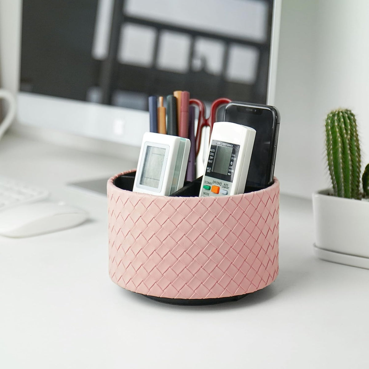 Round Leather Art Supply Organizer,Remote Control Holder,360 Degree Rotating,Multi-Functional Pencil Holder,4 Compartments Desktop Stationary Organizer(1-Blue Bird) - Colors A