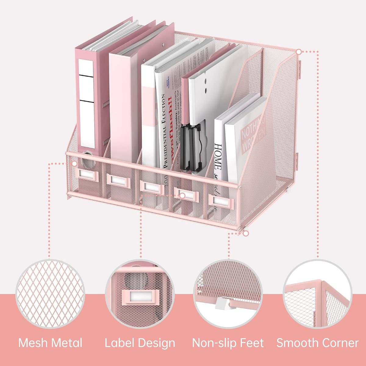 Desk Organizers Metal Desk Magazine File Holder with 5 Vertical Compartments Rack File Organizer for Office Desktop, Classroom, Home Workspace, Black