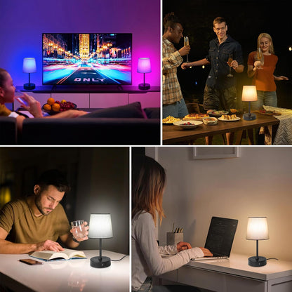 Ascher Small Bedside Table lamp, RGB Color Changing Lamps, 3 Color Temperatures, Dimmable Nightstand Lamp with USB C+A Ports, Touch Desk Lamp for Bedroom Living Room, H11.4in(Flaxen Shade)