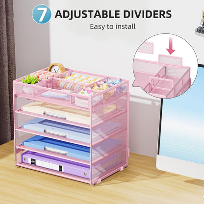 Marbrasse 5 Tier Paper Organizer Letter Tray, Mesh Desk File Organizer with Handle, Paper Sorter Desk Organizer for Home Office Supplies - Black, Adjustable