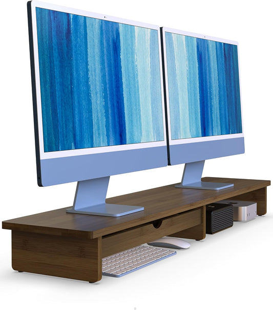 Bamboo Monitor Stand with Large Storage Drawer,23 Inch Ergonomic Computer Riser for Desk, Holds Up to 220lbs, Screen Shelf with 5 Compartments for Keyboard & Stationery Organization