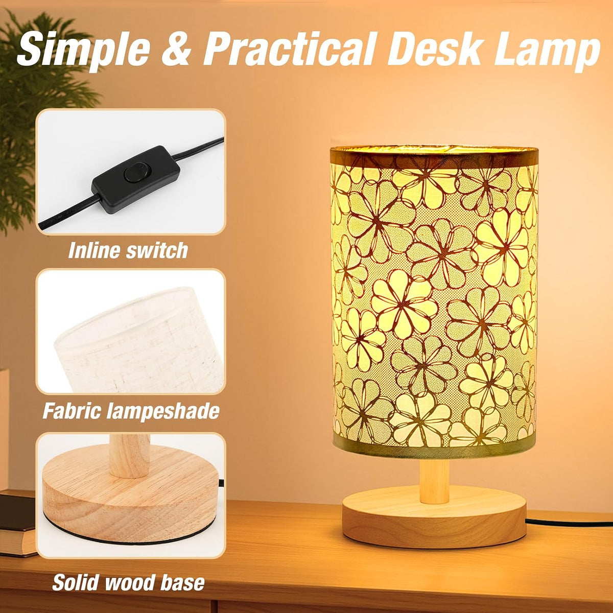 Desk Lamp LED Bulb Included, Small Bedside Table Lamp Plug-in - Classic Wood Base with Flaxen Fabric Shade, Lamps for Night Stands, Simple Nightstand Light for Bedroom, Office, Desk