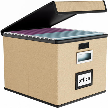 Upgraded Portable File Organizer Box with Lid, Collapsible Linen Hanging Filing Storage Boxes with Plastic Slides, Decorative Home/Office Filing System Box for File and Folders Storage (Gray)