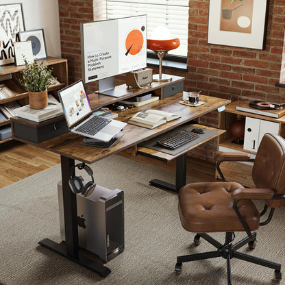 48 * 24 Inch Electric Standing Desk with Shelf & Led, Dark Walnut