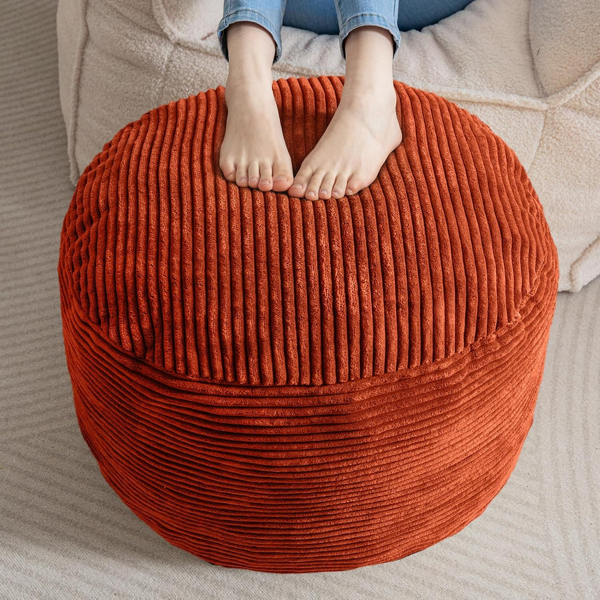 Round Stuffed Pouf Ottoman, Corduroy Poufs with Foam Chunk Filling, Furry and Fluffy Pouf Foot Stool Storage Ottoman, 20 X 15 Floor Poufs Foot Rest for Living Room, Dark Grey