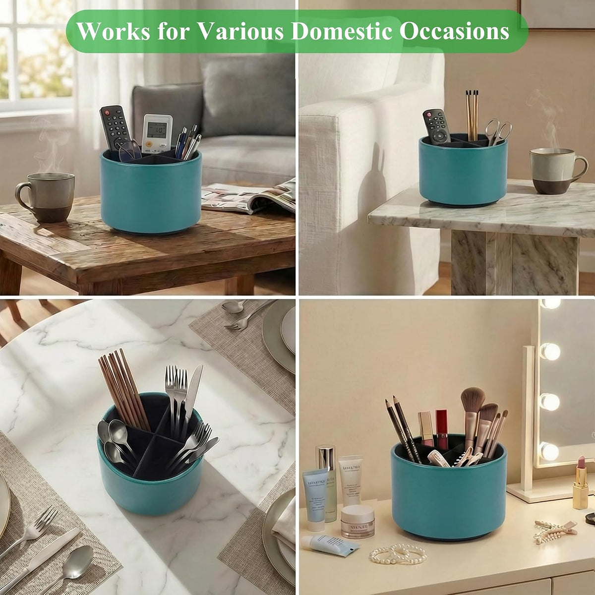 Round Leather Art Supply Organizer,Remote Control Holder,360 Degree Rotating,Multi-Functional Pencil Holder,4 Compartments Desktop Stationary Organizer(1-Blue Bird) - Colors A