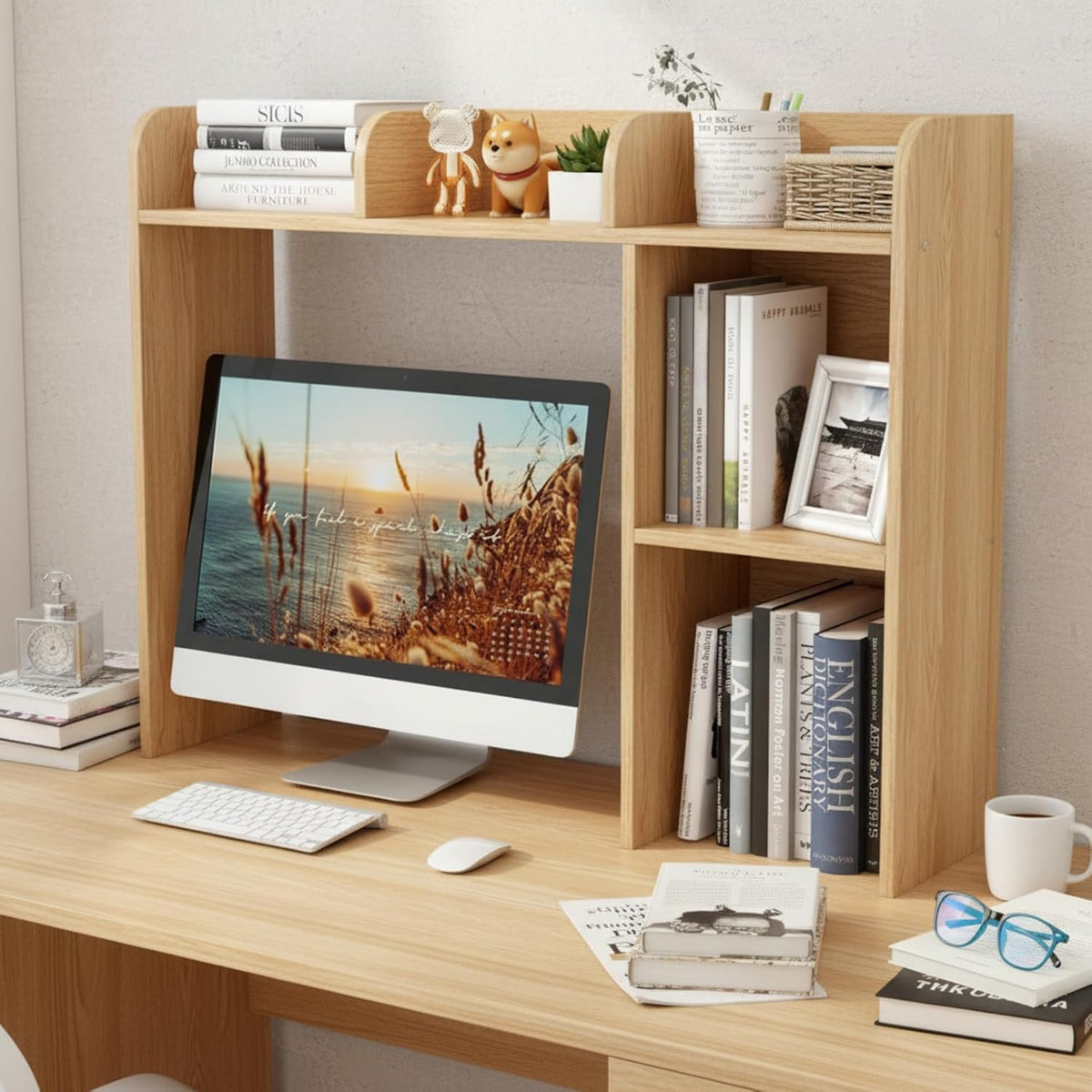 Desktop Bookshelf, Countertop Storage Hutch with 5 Shelves for Computer Desk, Desk 3-Tier Display Rack, Multipurpose Wood Desktop Hutch Storage Organizer for Dorm Office Home