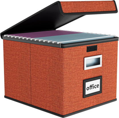 Upgraded Portable File Organizer Box with Lid, Collapsible Linen Hanging Filing Storage Boxes with Plastic Slides, Decorative Home/Office Filing System Box for File and Folders Storage (Gray)