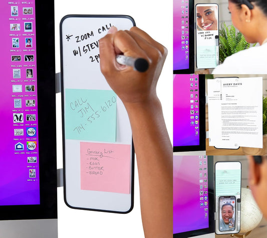 Multi-Use Laptop and Monitor Memo Board; 11.8" x 4.3" Magnetic Whiteboard, White Brackets, Marker, Mirror, and 4 Magnets Included; Document Holder; Small Dry Erase Board; Sticky Note Holder