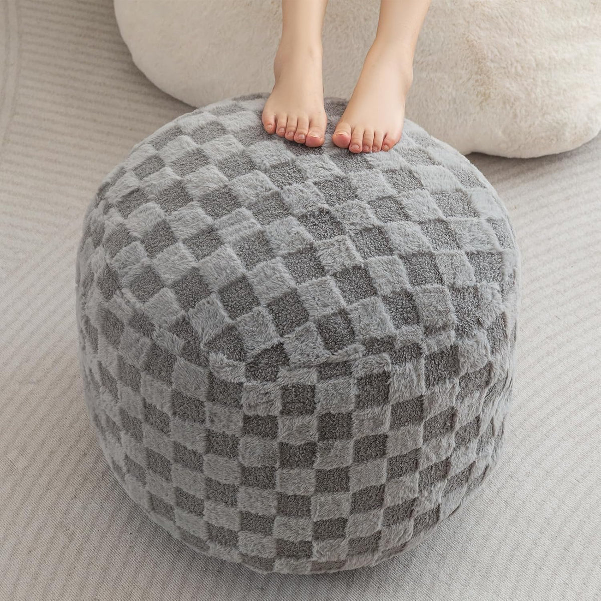 Round Stuffed Pouf Ottoman, Corduroy Poufs with Foam Chunk Filling, Furry and Fluffy Pouf Foot Stool Storage Ottoman, 20 X 15 Floor Poufs Foot Rest for Living Room, Dark Grey