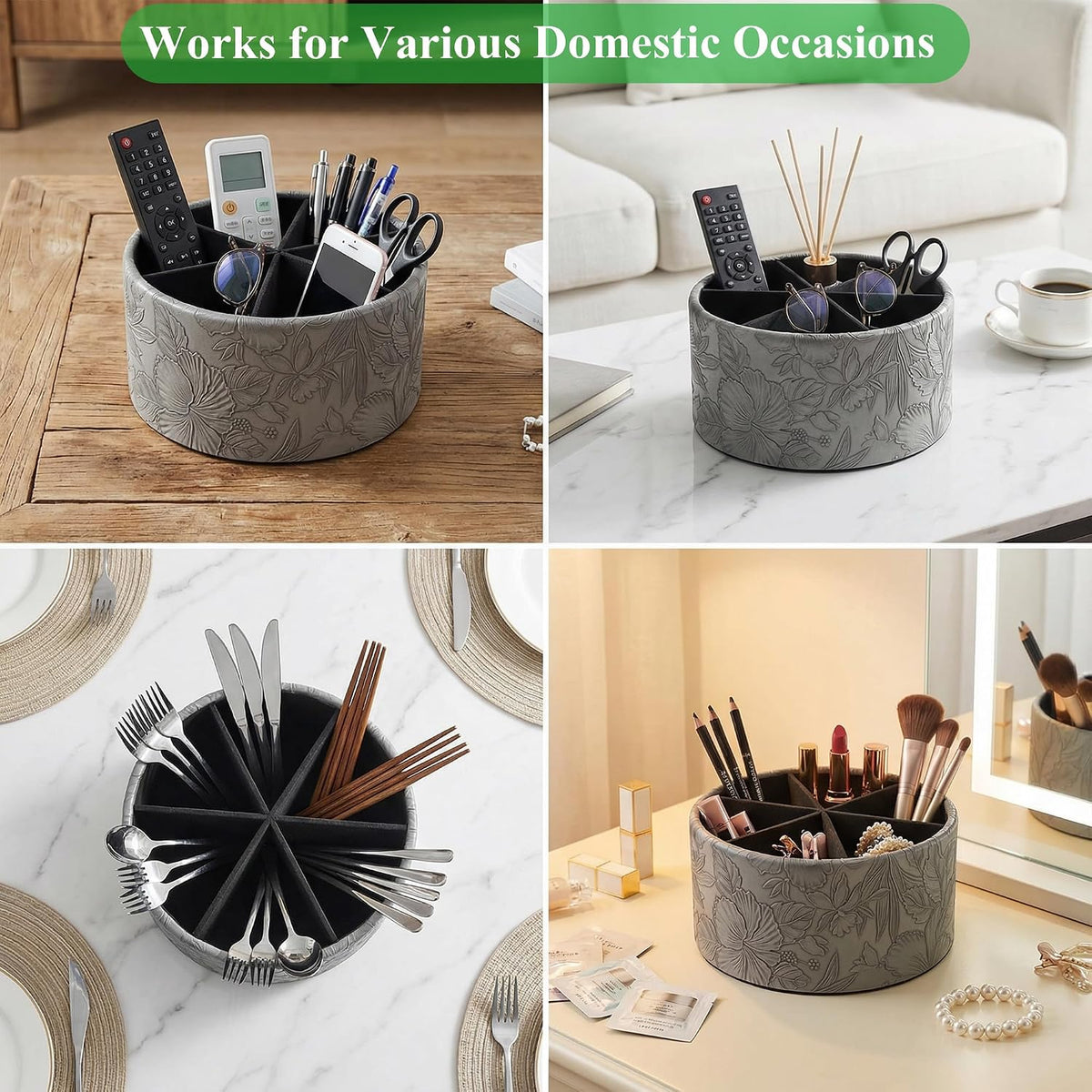 Round Leather Art Supply Organizer,Remote Control Holder,360 Degree Rotating,Multi-Functional Pencil Holder,4 Compartments Desktop Stationary Organizer(1-Blue Bird) - Colors A