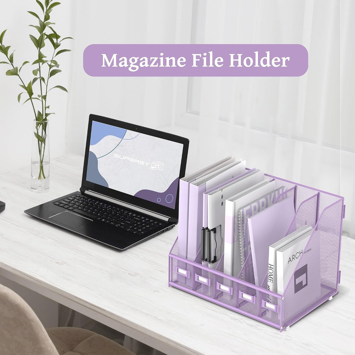 Desk Organizers Metal Desk Magazine File Holder with 5 Vertical Compartments Rack File Organizer for Office Desktop, Classroom, Home Workspace, Black