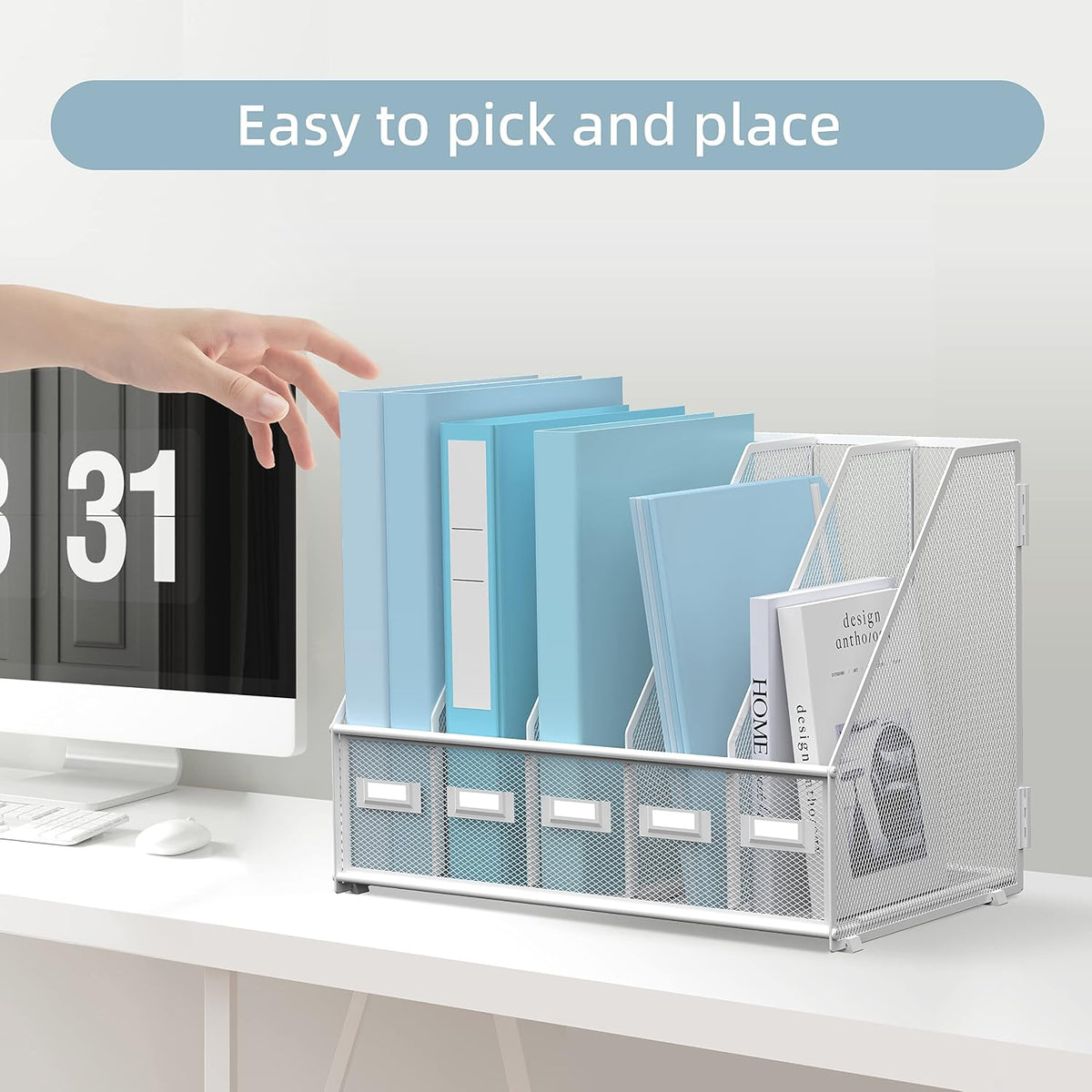 Desk Organizers Metal Desk Magazine File Holder with 5 Vertical Compartments Rack File Organizer for Office Desktop, Classroom, Home Workspace, Black