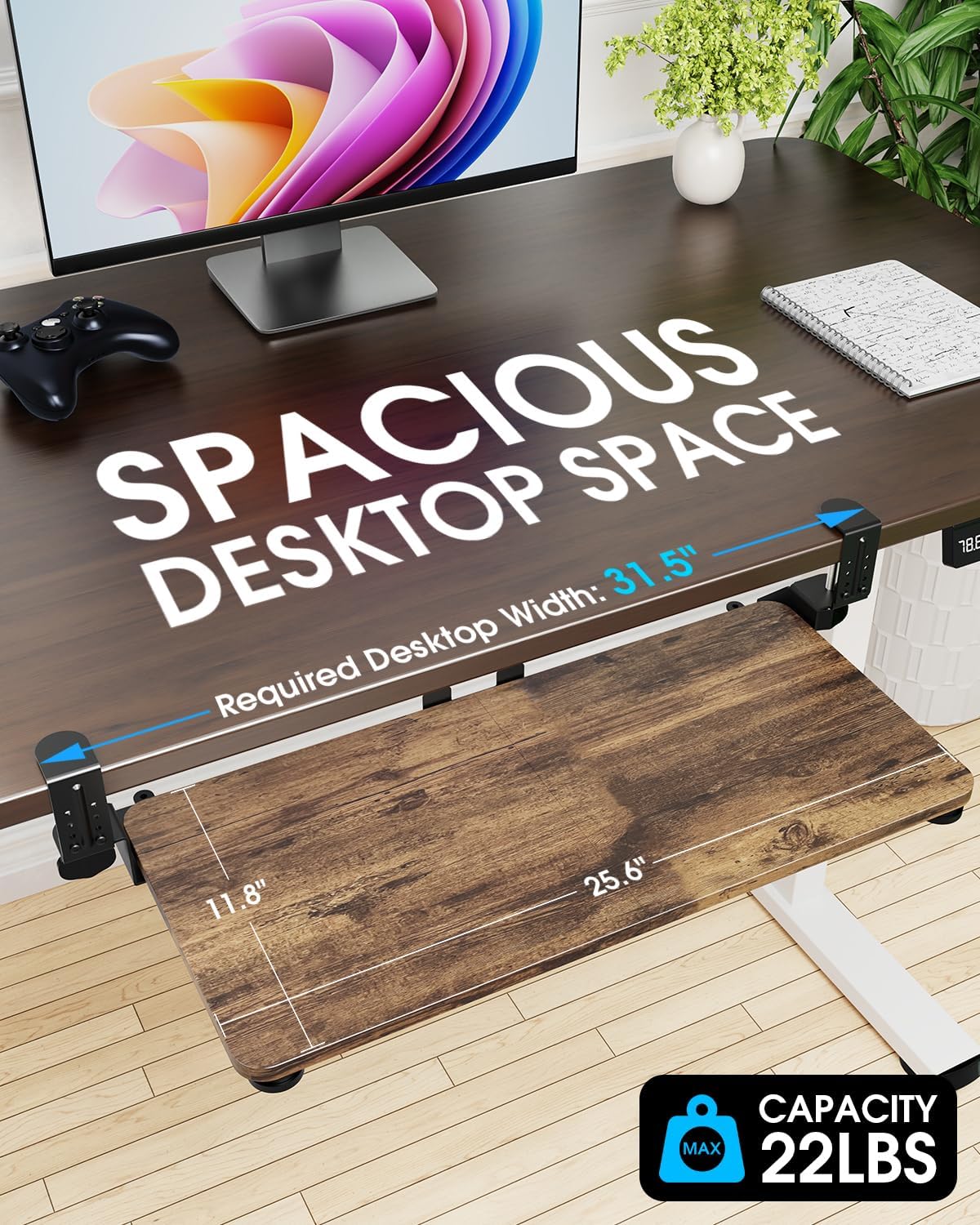 Small Keyboard Tray Under Desk, Pull Out Keyboard & Mouse Tray with Adjustable C-clamp, 20(25.9 Including Clamps) x 11.8 Inch Slide Out Computer Keyboard Drawer Mouse Tray for Typing, Walnut