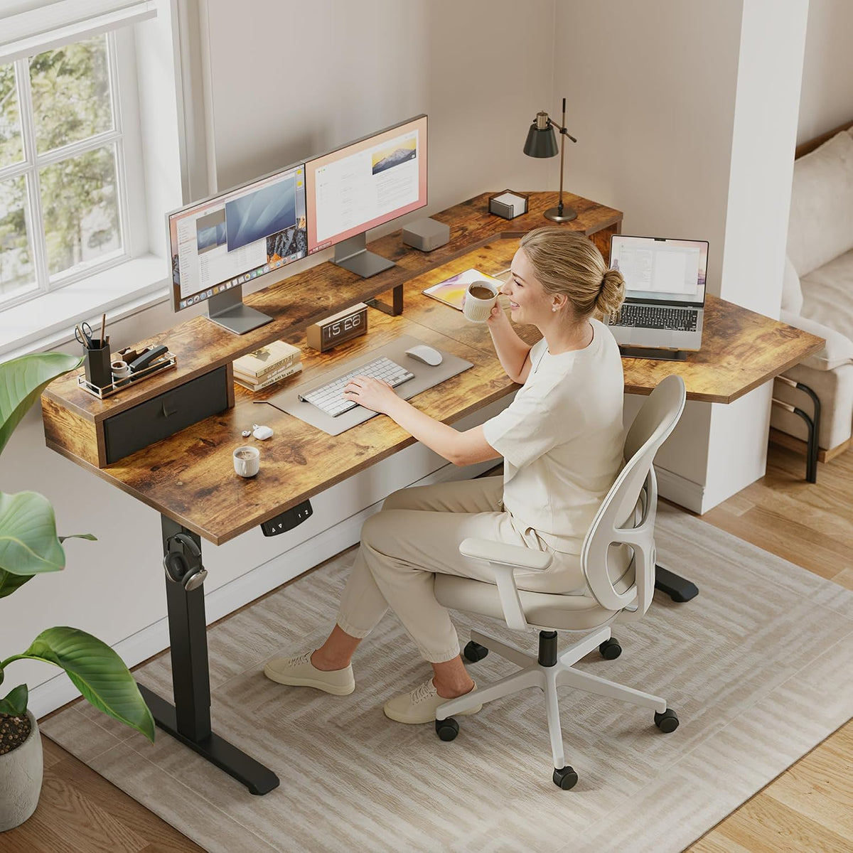 48 * 24 Inch Electric Standing Desk with Shelf & Led, Dark Walnut