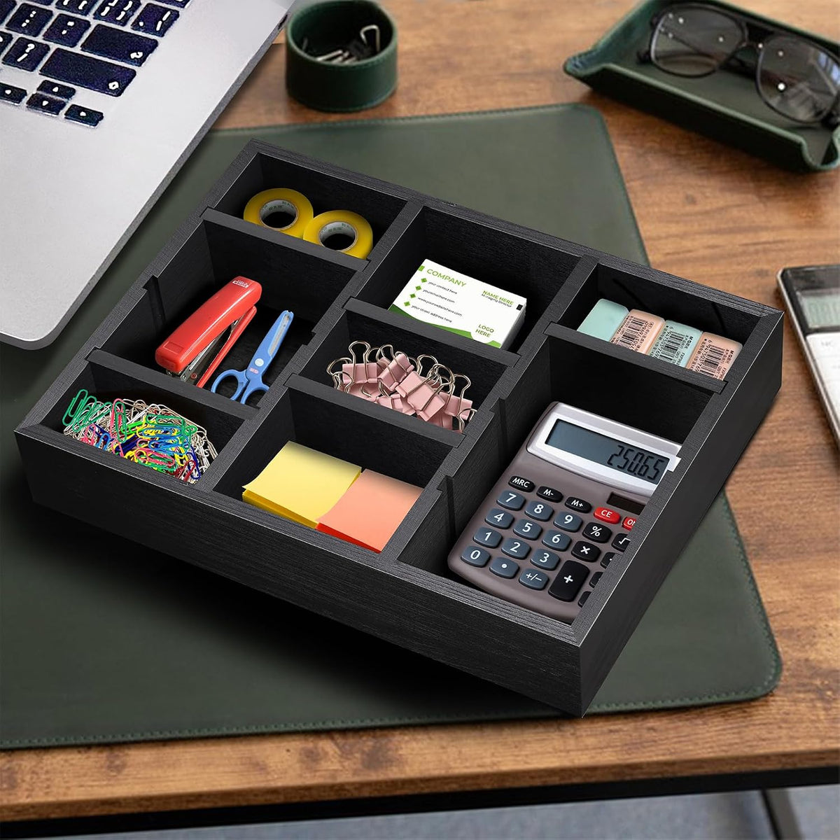 Wooden Desk Drawer Organizer, 9-Slot Office Organization and Storage Box, Adjustable Natural Wood Desktop Tray for Pens, Sticky Notes, and Small Accessories, Aesthetic Home Office Decor (12 x 9 In)