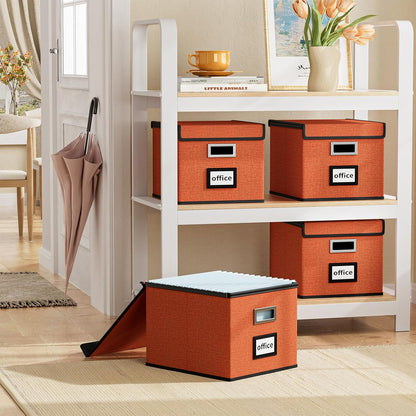 Upgraded Portable File Organizer Box with Lid, Collapsible Linen Hanging Filing Storage Boxes with Plastic Slides, Decorative Home/Office Filing System Box for File and Folders Storage (Gray)