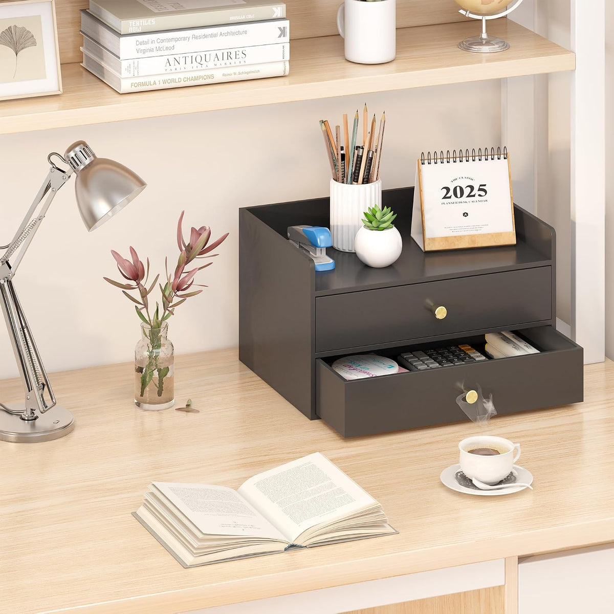 Bamboo Desk Organizer with Drawers Wooden Desktop Storage Drawers (1, Black 3 Drawer)