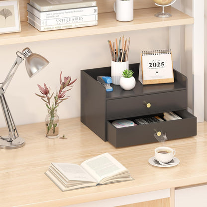 Bamboo Desk Organizer with Drawers Wooden Desktop Storage Drawers (1, Black 3 Drawer)