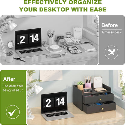 Bamboo Desk Organizer with Drawers Wooden Desktop Storage Drawers (1, Black 3 Drawer)